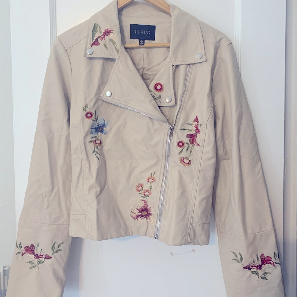 Floral embroidered faux leather moto jacket NWOT